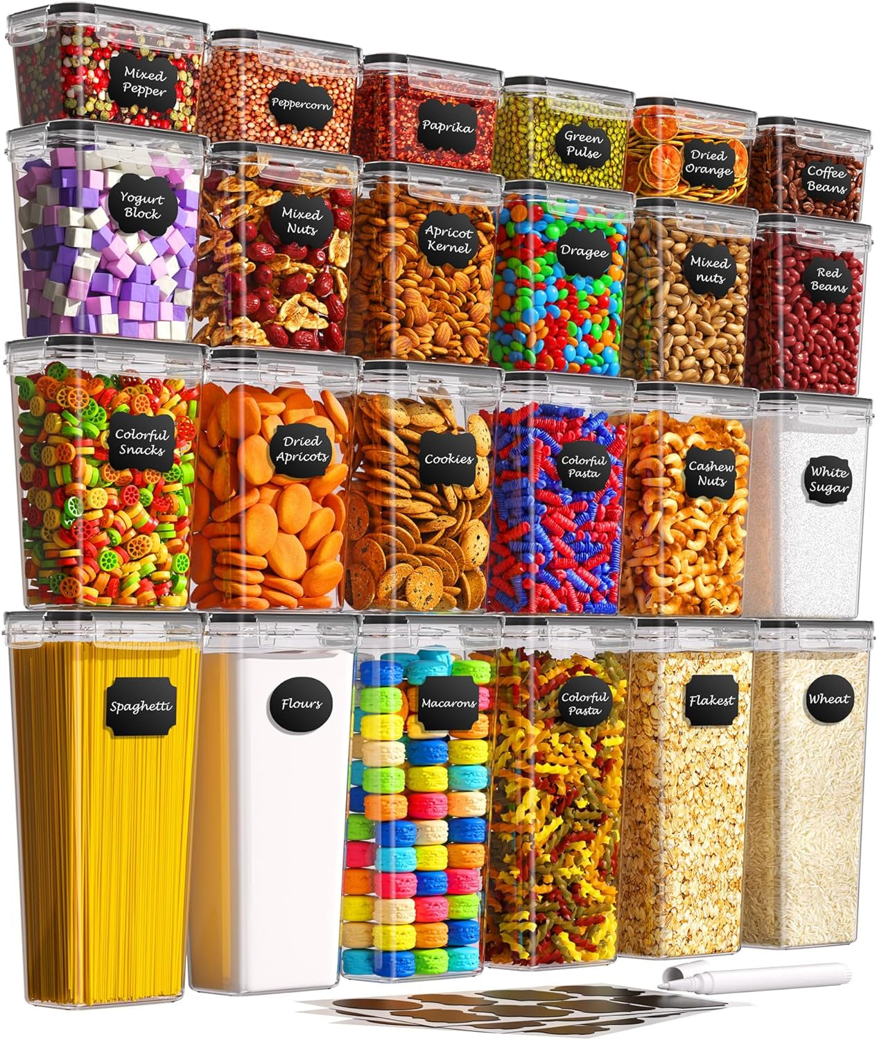 24 PCS Airtight Food Storage Containers with Lids, Kitchen Pantry Organization and Storage, Bpa-Free Plastic Scale Food Canisters for Cereal, Flour, Sugar, Dry Food, Include Labels & Marker