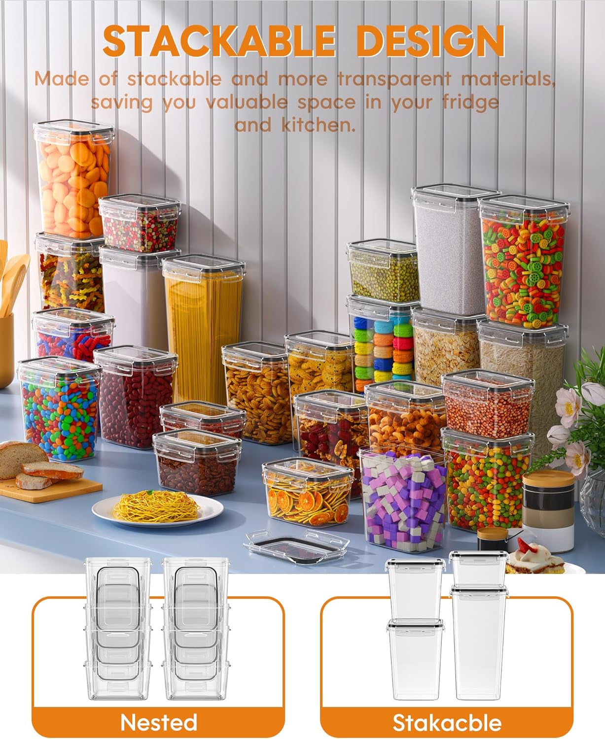 24 PCS Airtight Food Storage Containers with Lids, Kitchen Pantry Organization and Storage, Bpa-Free Plastic Scale Food Canisters for Cereal, Flour, Sugar, Dry Food, Include Labels & Marker