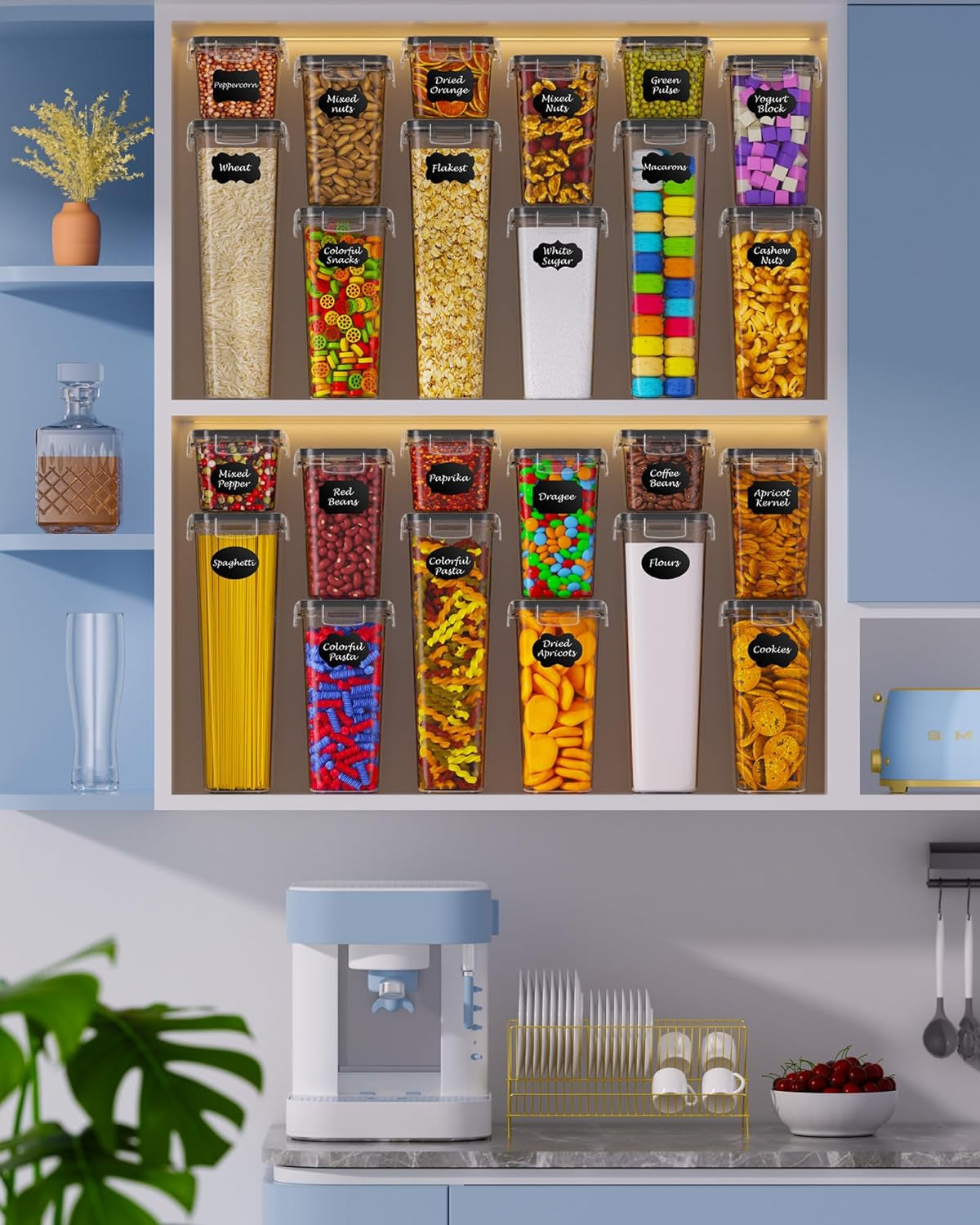 24 PCS Airtight Food Storage Containers with Lids, Kitchen Pantry Organization and Storage, Bpa-Free Plastic Scale Food Canisters for Cereal, Flour, Sugar, Dry Food, Include Labels & Marker