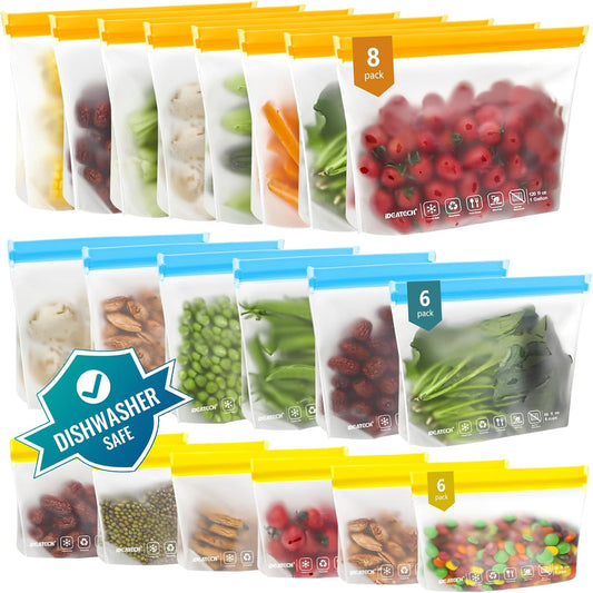 Reusable Food Storage Bags，20 Pack BPA Free PEVA Resuable Freezer Bags,Resable Gallon Bags, Reusable Sandwish Bags, Silicone Food Bags for Women, Men and Kids