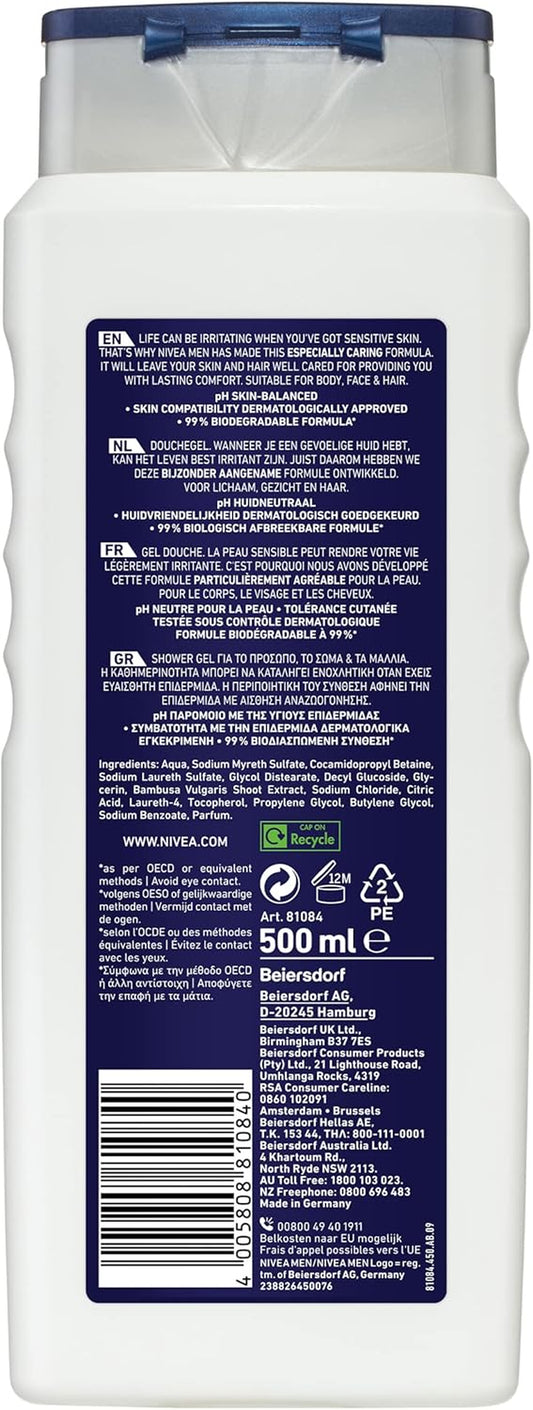 MEN Sensitive Shower Gel and Body Wash 500Ml | with Bamboo Extract | 3 in 1: for Body, Face and Hair | for Sensitive Skin Types | Long Lasting Freshness | Biodegradable Formula